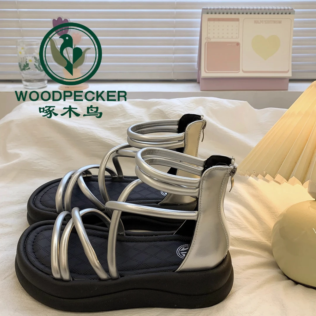啄木鸟绑带仙女风一字带凉鞋女款2025夏季新款超火松糕厚底罗马鞋
