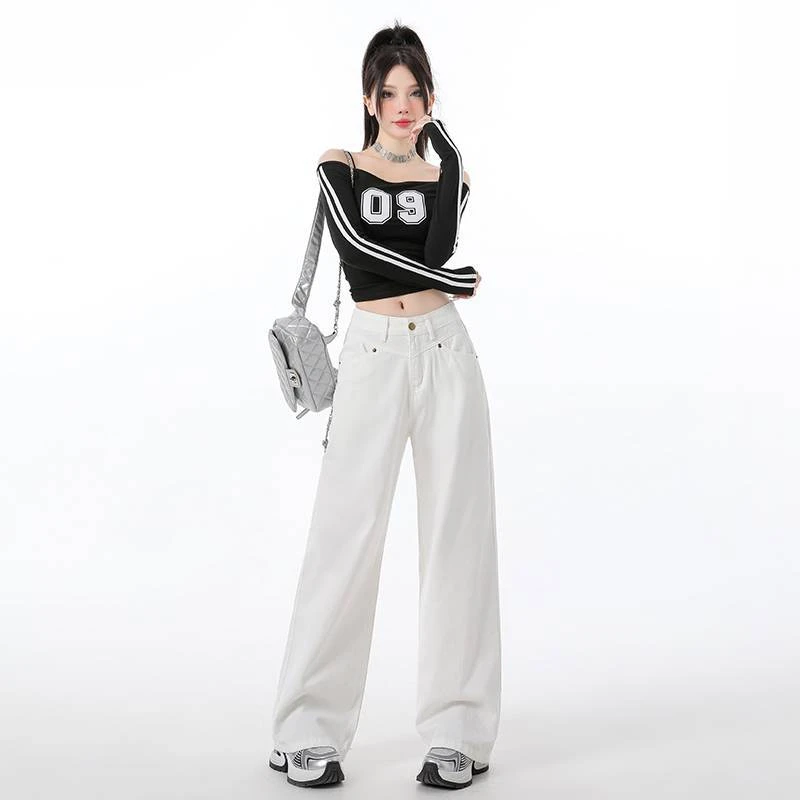 美式辣妹白色直筒牛仔裤阔腿裤薄款女春夏高腰显瘦阔腿长裤加长裤