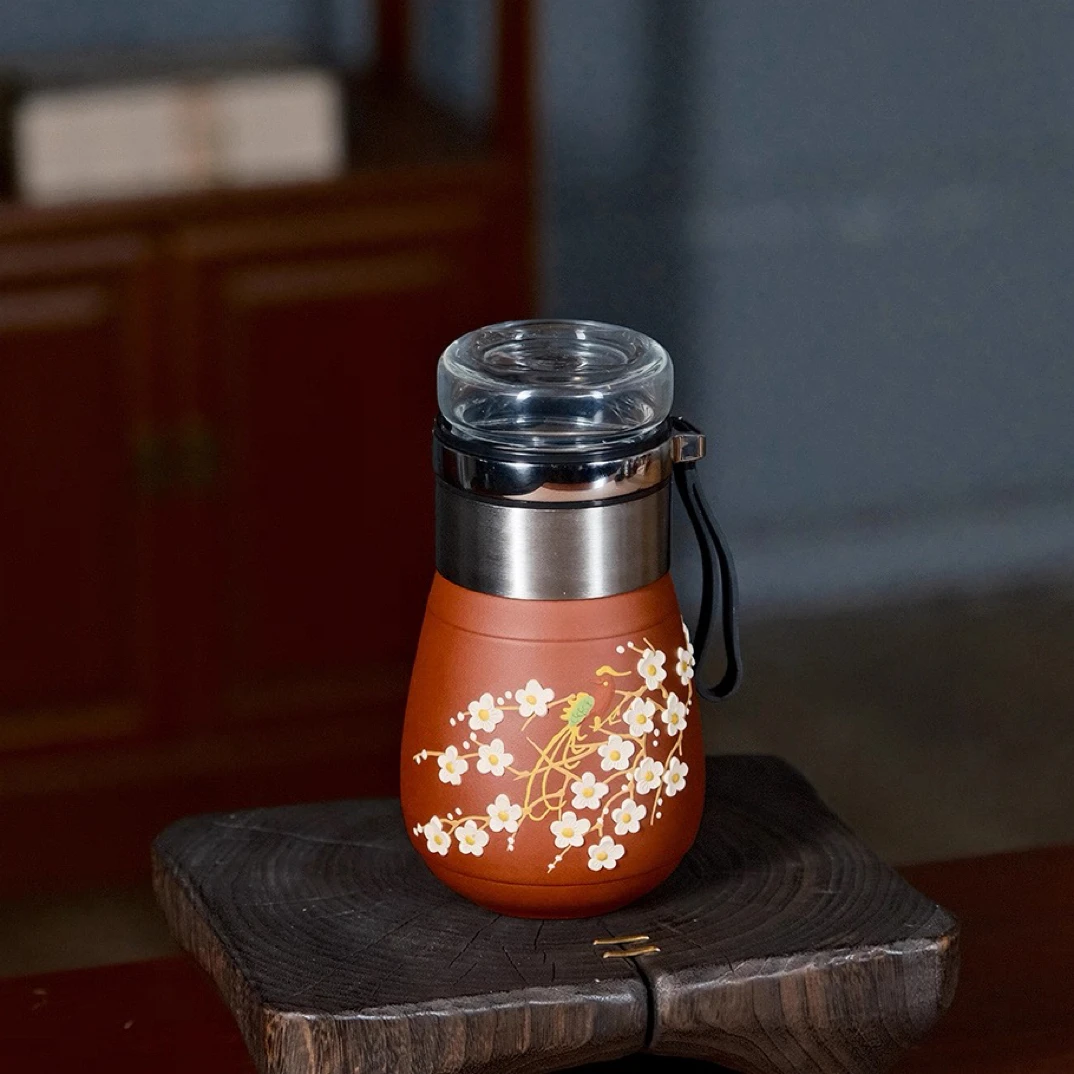 龙血砂喜上眉梢便携紫砂杯水杯高档纯手工带高硼硅杯盖