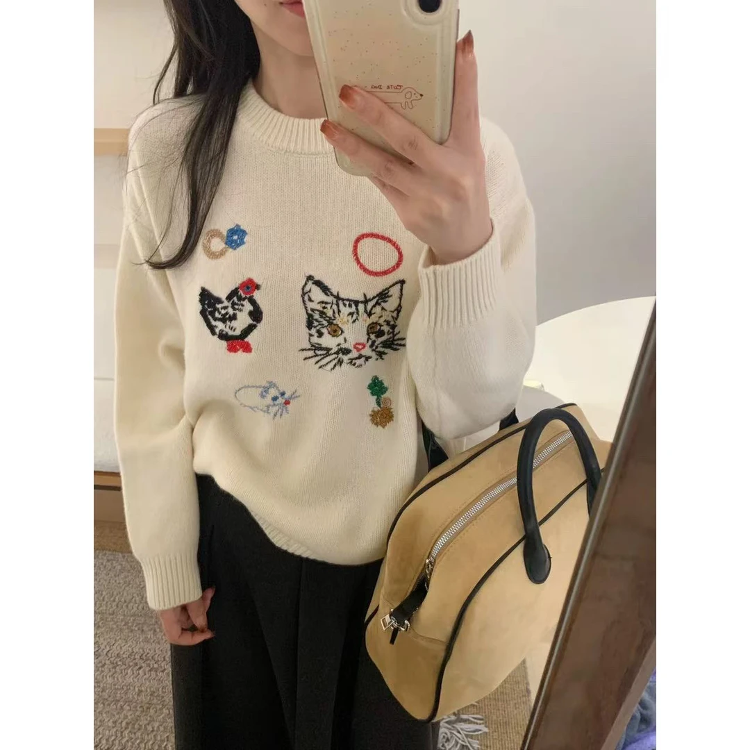 韩代猫咪刺绣慵懒风套头针织衫毛衣女8173