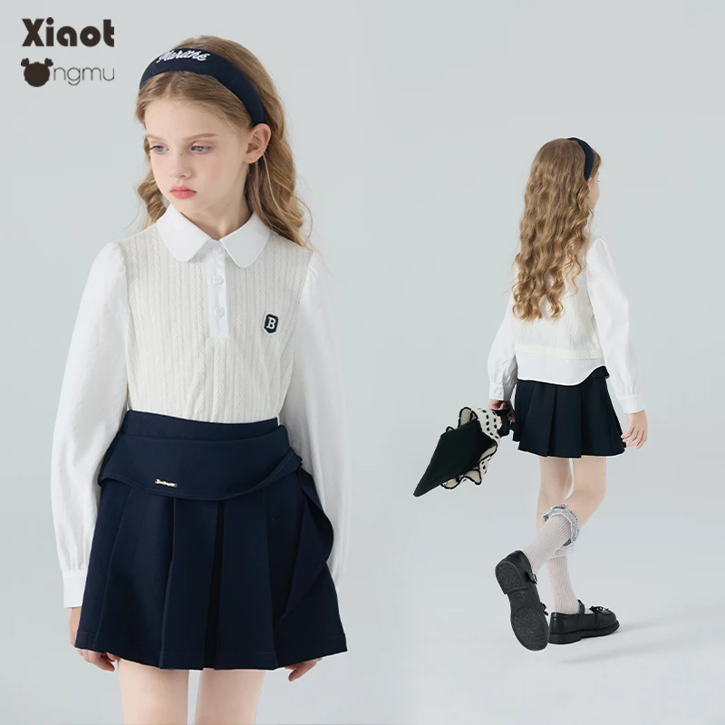 小童木 英伦风气质女童衬衫2025秋季新款泡泡袖女大童假两件上衣