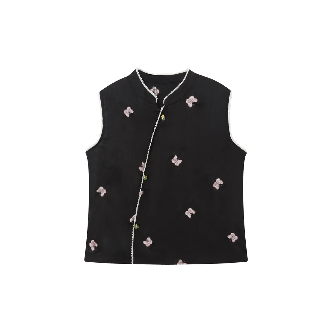 【星垂】重工暗纹底刺绣提花无袖黑色蝴蝶上衣