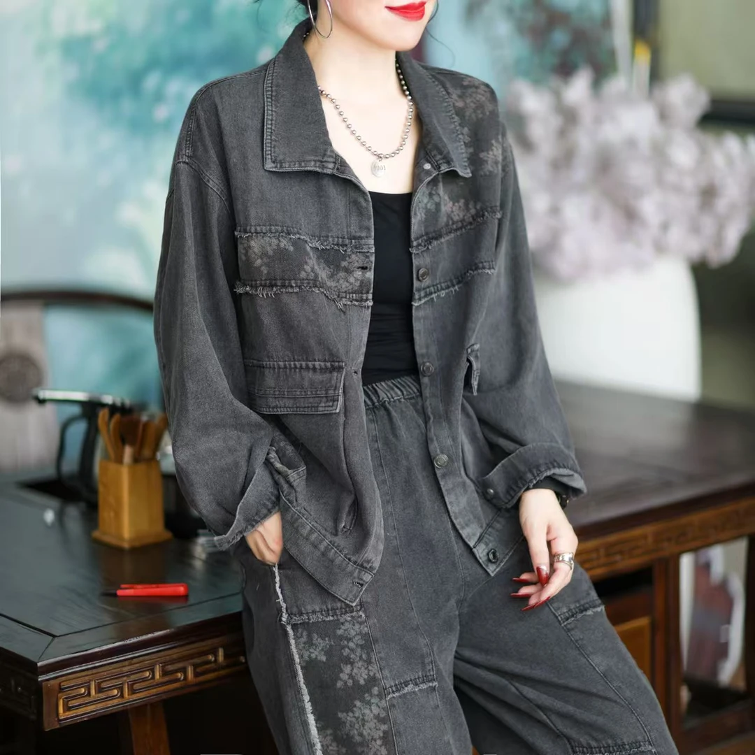 复古拼接牛仔短外套女宽松2025春秋装新款休闲百搭夹克长袖上衣潮