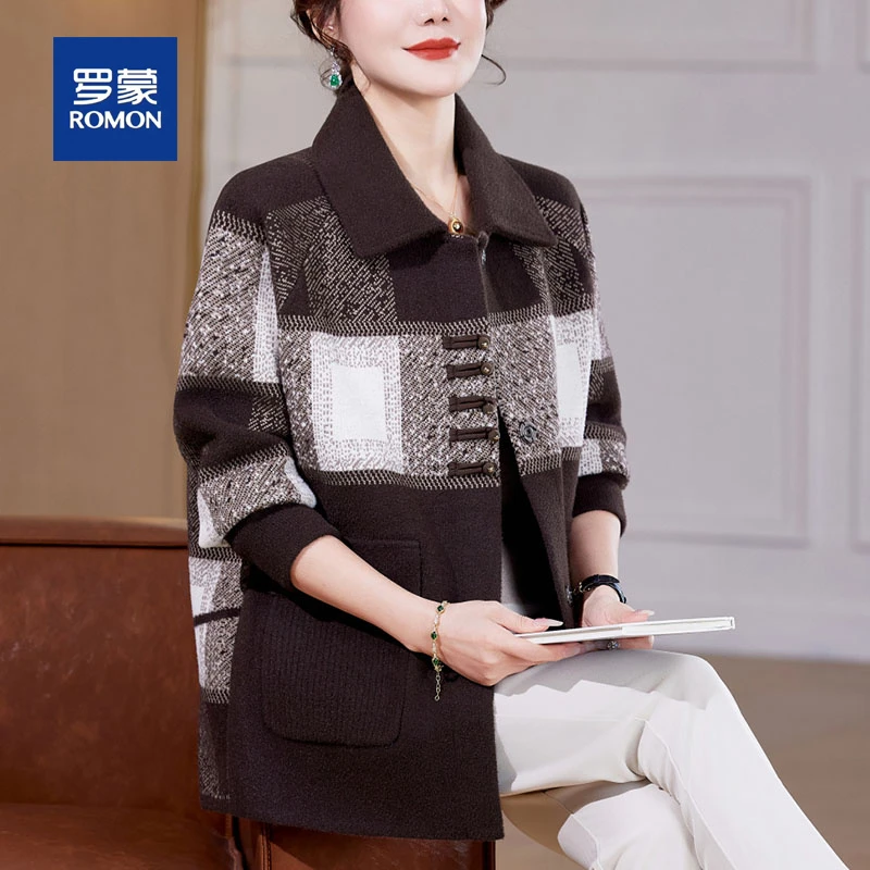 罗蒙气质格子妈妈春秋装短款毛呢外套女新款针织高档中老年上衣
