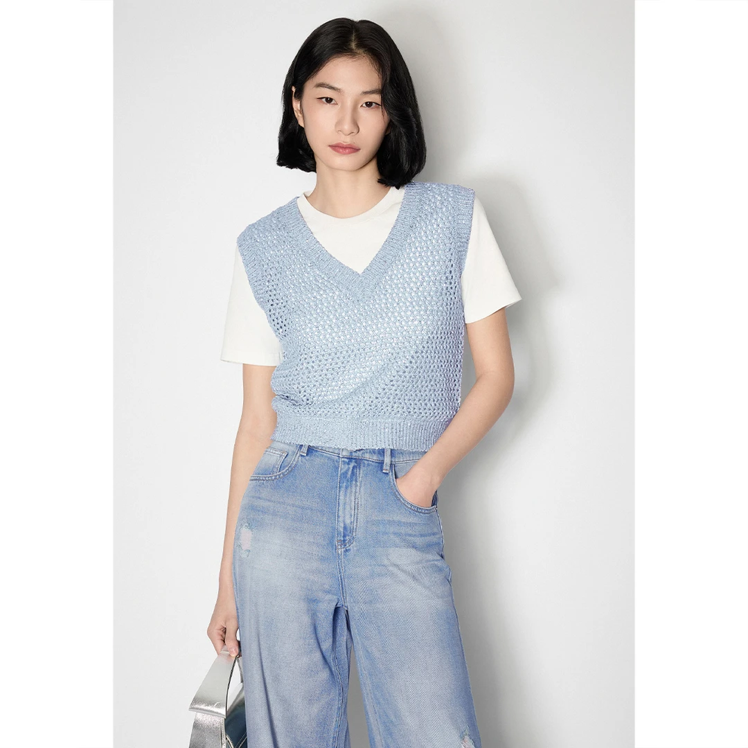 【假两件】可颜2025夏季撞色V领镂空绞花毛织背心T恤AC35206120