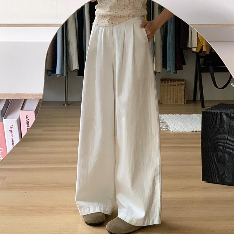 白色高腰宽松阔腿裤子女今年年新款小个子休闲运动垂坠感直筒长裤