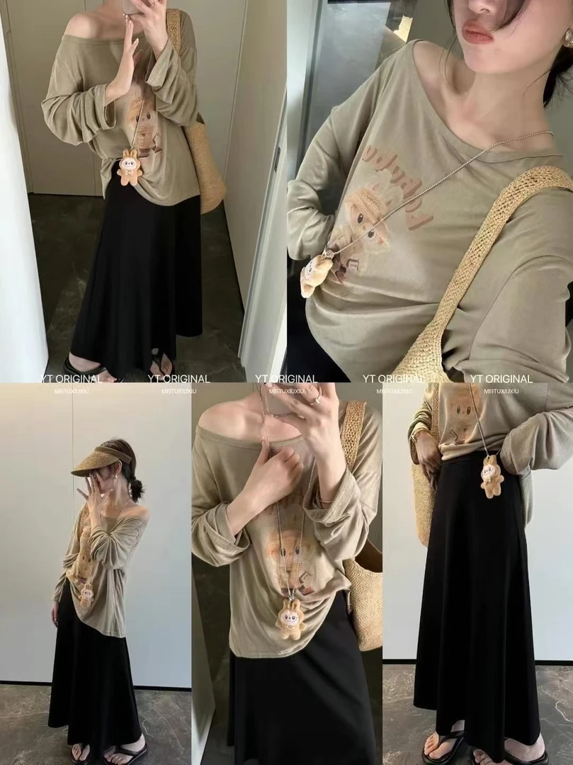 灰灰呀！lbb配挂件！韩系设计感卡通印花露肩百搭宽松休闲防晒T恤