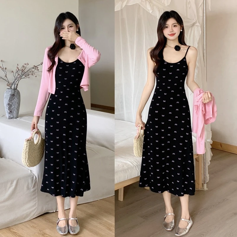 6501-女装赫本风吊带连衣裙夏季遮肚显瘦碎花裙子防晒外套套装