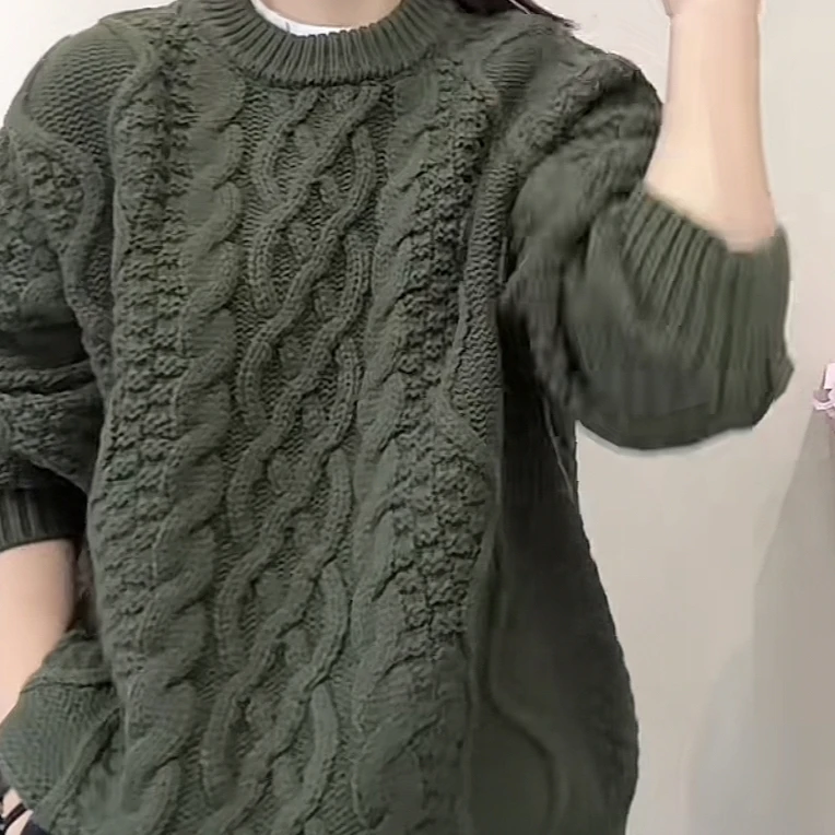 欧货圆领粗麻花毛衣