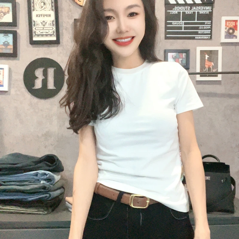 春夏季纯色柔软亲肤棉T恤女简约百搭修身显瘦时尚正肩棉t内搭上衣