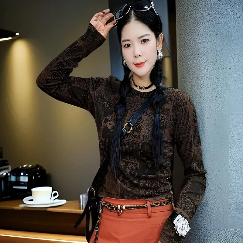 潮牌早秋圆领打底衫印花长袖T恤新款美式辣妹修身短款上衣女