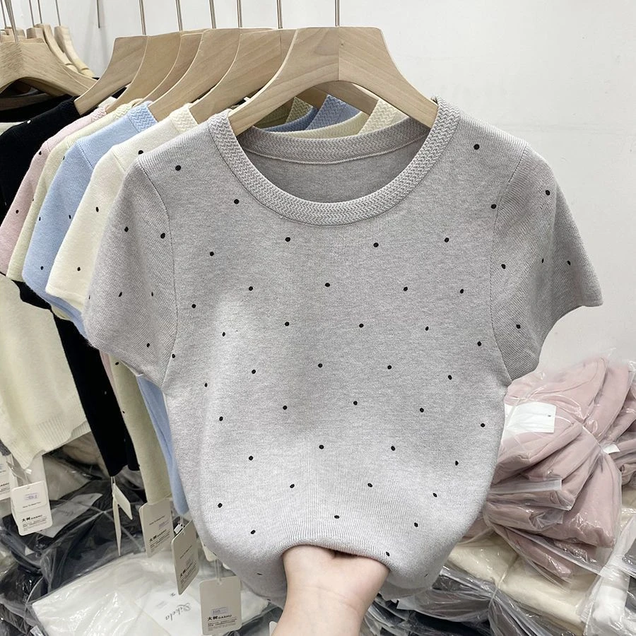 西木柒螺纹波点圆领冰丝短袖T恤夏季宽松大码洋气百搭针织衫上衣