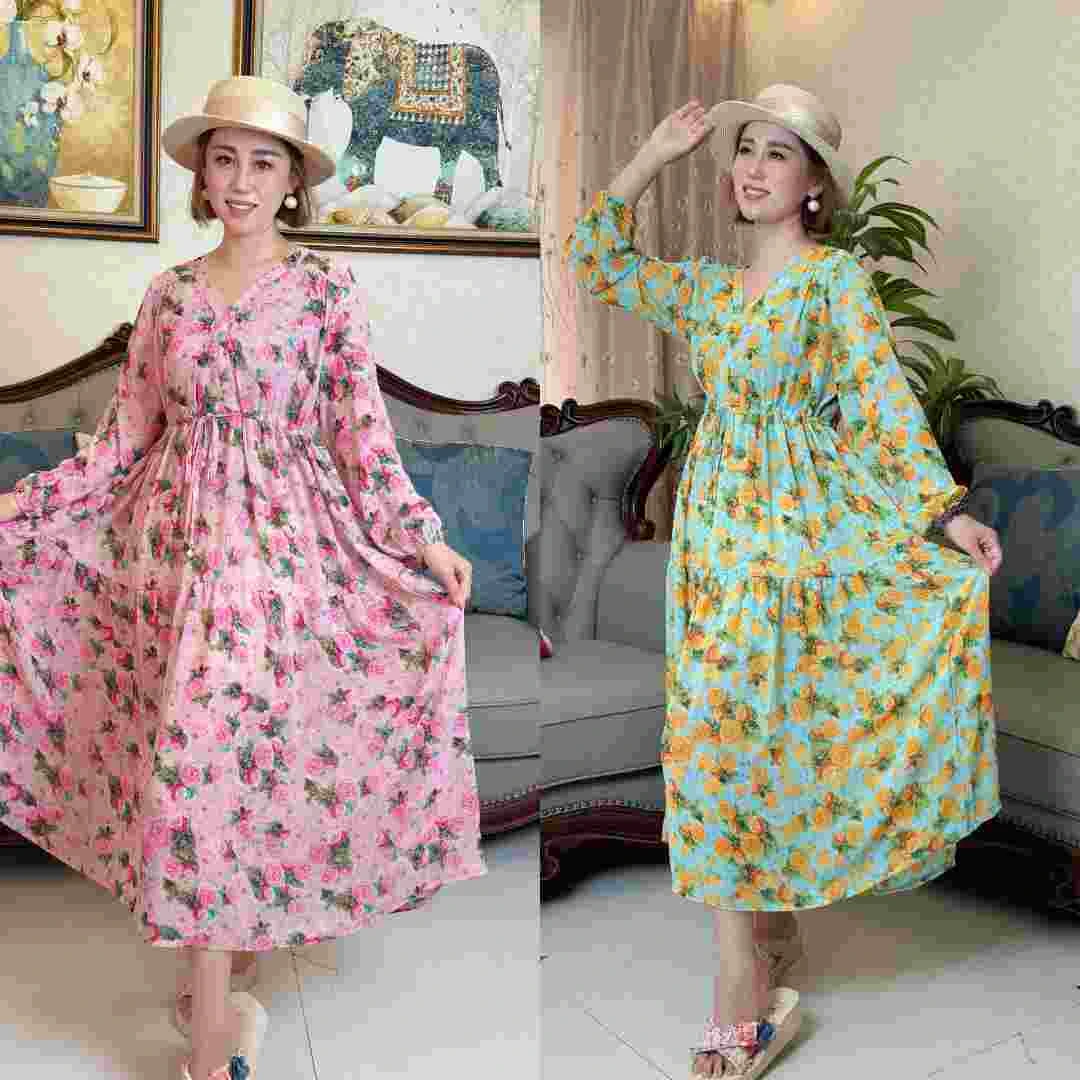 【V领双色玫瑰】防晒沙滩裙碎花裙子显瘦时尚洋气气质度假连衣裙