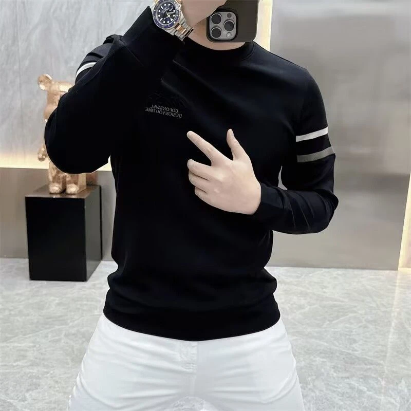 阿凯严选2025秋款新款男士轻奢休闲时尚潮流修身空气层圆领长袖