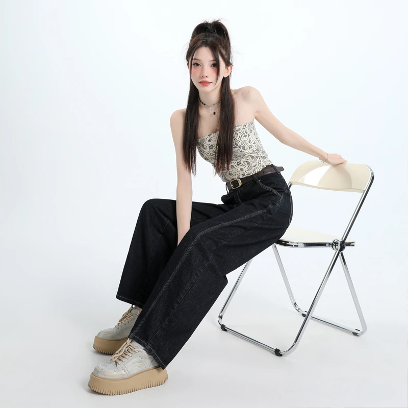 秋季水洗女款镰刀裤宽松遮腿型显瘦女装长裤休闲风常规高腰牛仔裤