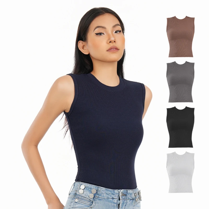 卓婉VANETHUNDER 纯色无袖圆领T恤修身螺纹百搭欧美短上衣