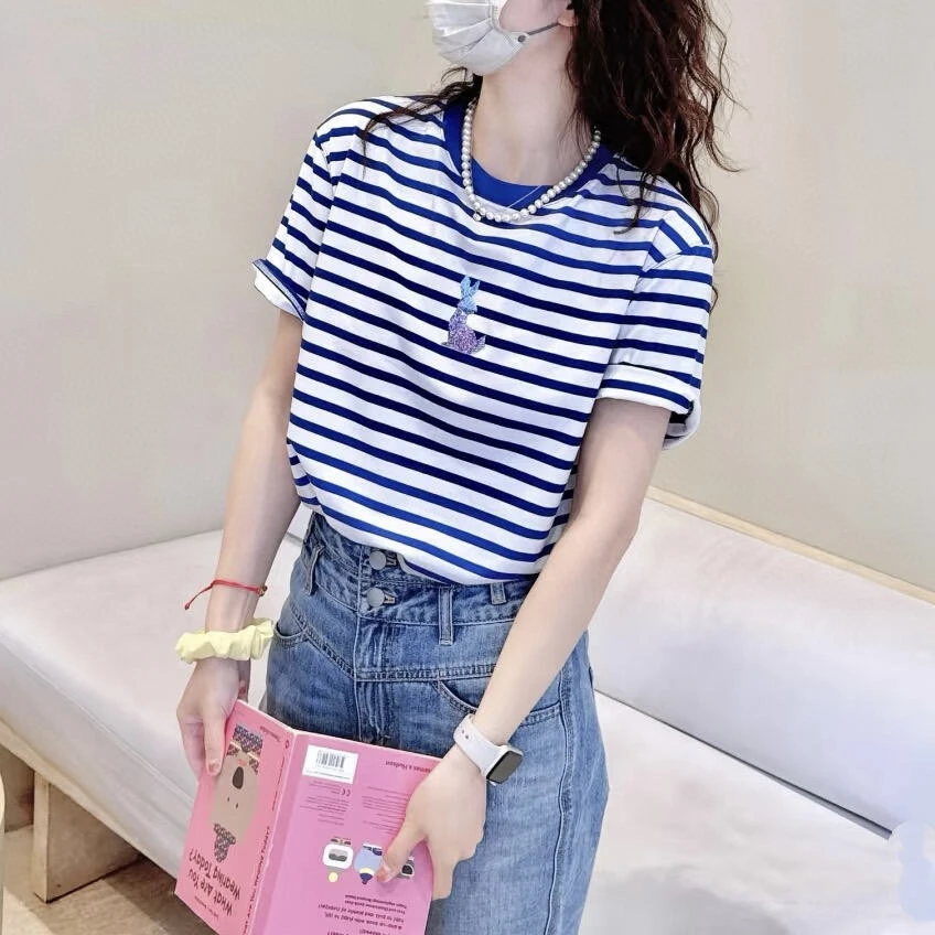 商场同款女装2025新款蓝色减龄条纹钉珠兔子ins短袖T恤女1300901