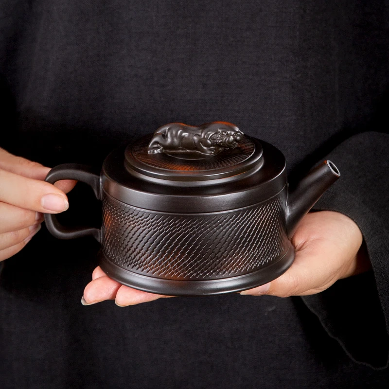 紫陶大号卧虎茶壶手工跳刀凤鸣复古家用单壶紫砂高档功夫茶具