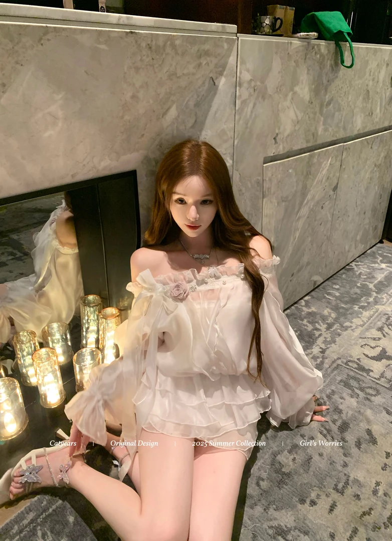 空灵之夏 法式荷叶边纯欲风辣妹性感一字肩上衣+半裙套装