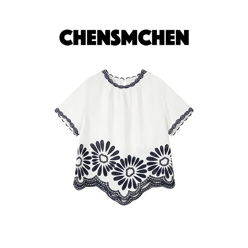 CHENSMCHEN 100亚麻重工精致刺绣衬衫女夏季百搭衬衣CSC5715CS
