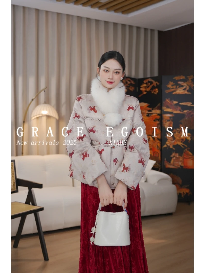 金禾【金禾专属】冬款国风重工刺绣狐狸毛羽绒服5046