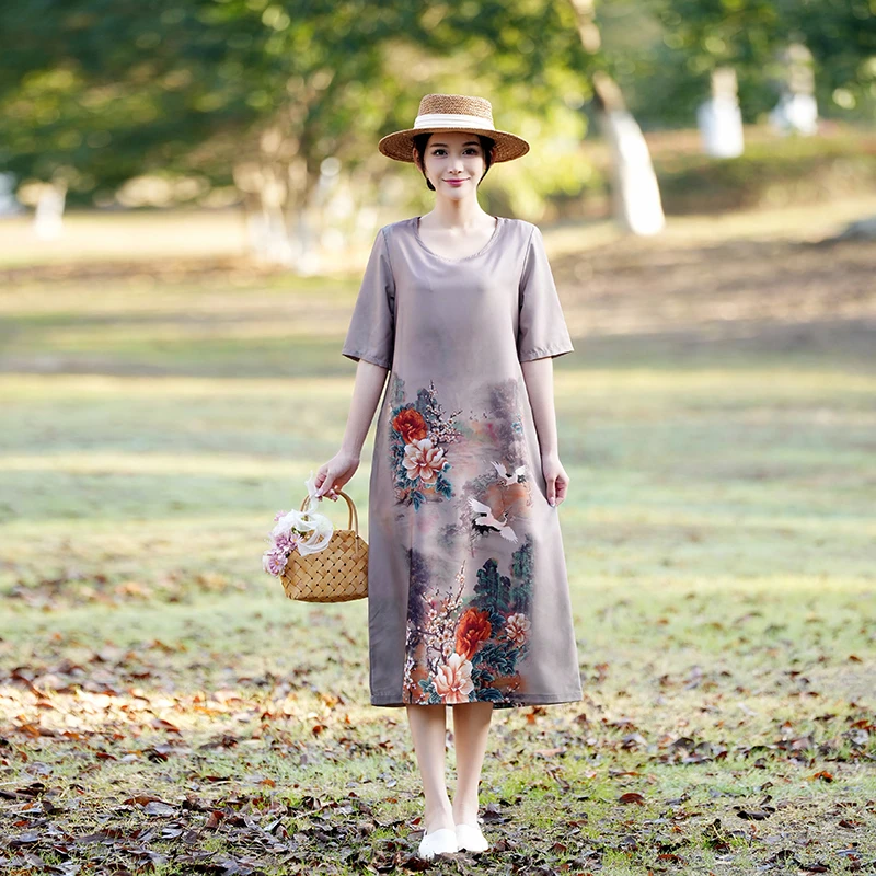 妈妈装连衣裙提花薄款夏季民族风宽松中长款中老年女装显瘦中国风