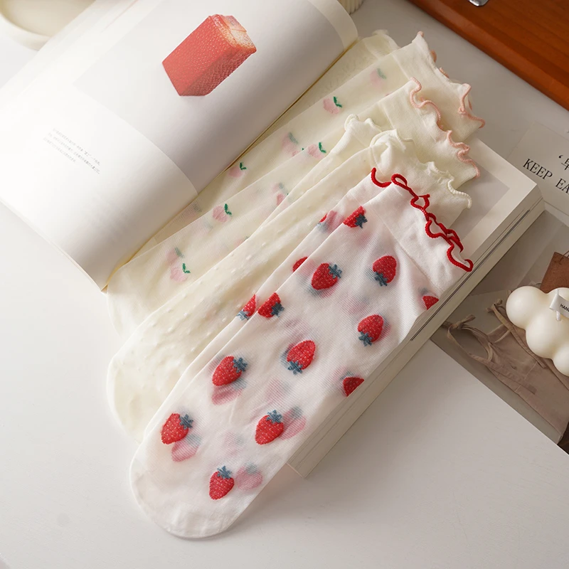 夏季薄款透明草莓jk花边卡丝袜~水晶丝袜子女中筒日系可爱少女袜