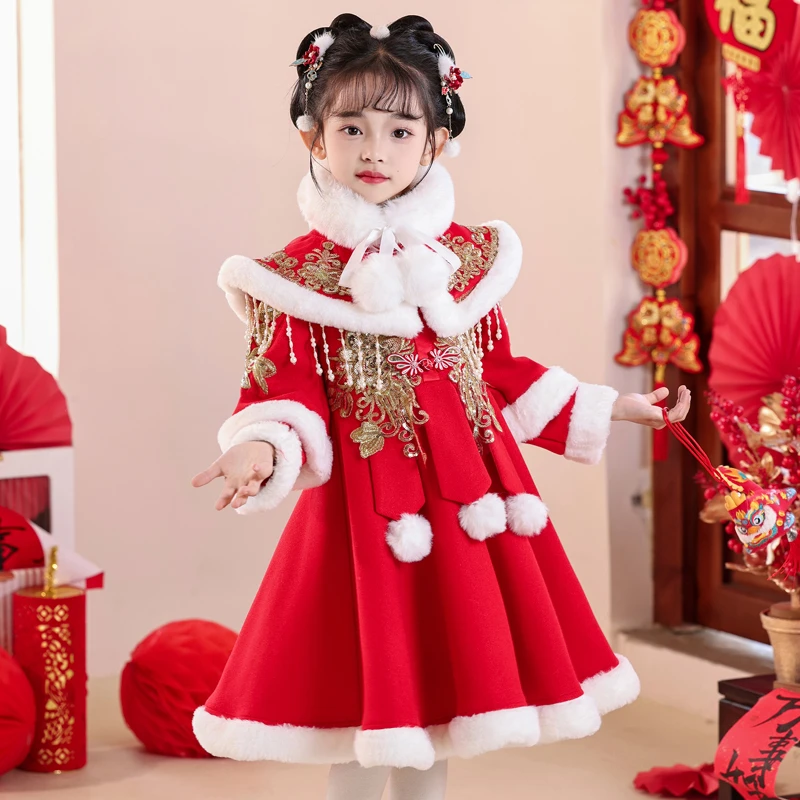 拜年服女童旗袍冬装加绒中国风女宝新年裙子儿童过年喜庆衣服冬季