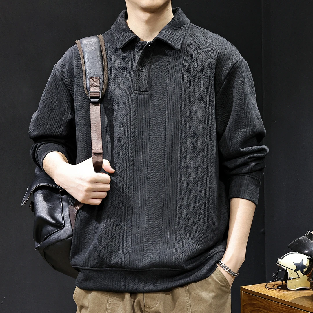 MR.MUDI/穆迪先生肌理感菱形条纹POLO卫衣男士春秋款宽松休闲长袖