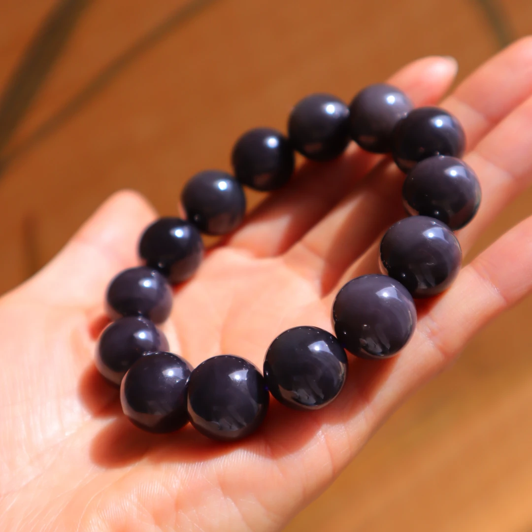 天然和田玉青海老料精品收藏级烟紫帝王紫圆珠16mm手链手串@0041