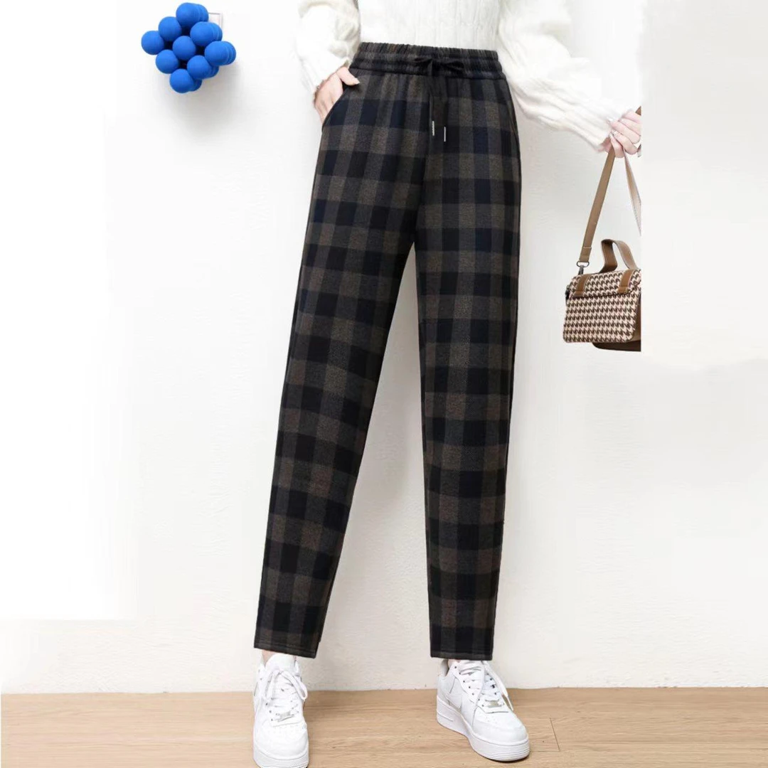 秋季新款毛呢格子女裤时尚百搭休闲裤高腰长裤宽松显瘦妈妈裤正品
