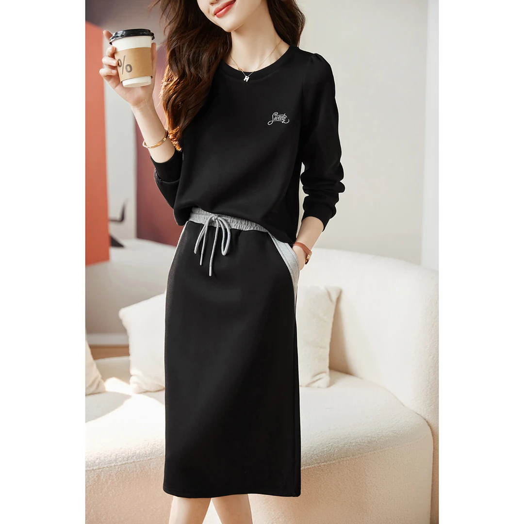 沫晗依美2025秋季新款简约时尚休闲长袖卫衣+半身裙两件套套装女