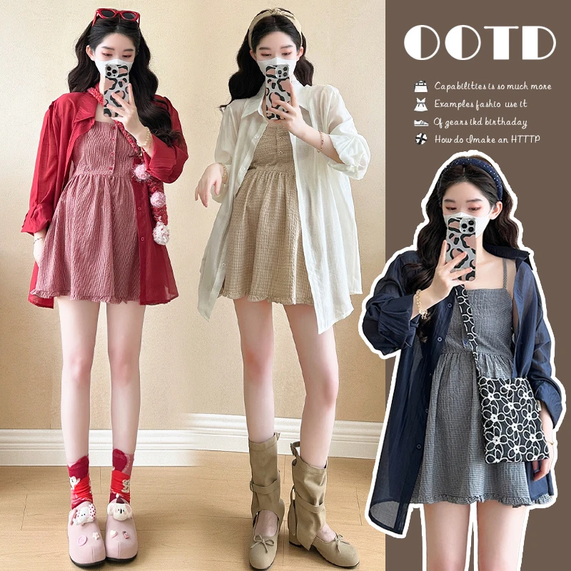 洋气孕妇夏季新款套装甜美格子吊带裙+防晒衬衫套装