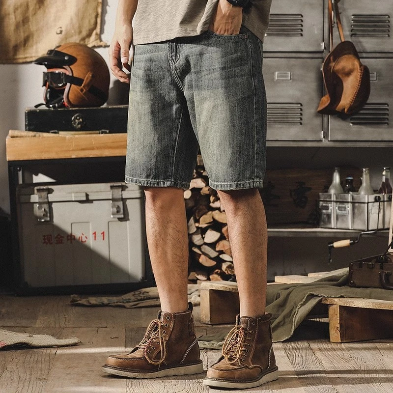 美式经典牛仔短裤男生夏季新款宽松复古黄泥染五分裤男士牛仔马裤