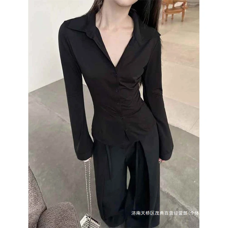 跨境5werkwen 露丝衬衫 黑色长袖女秋季修身百搭小众弹力简约衬衣