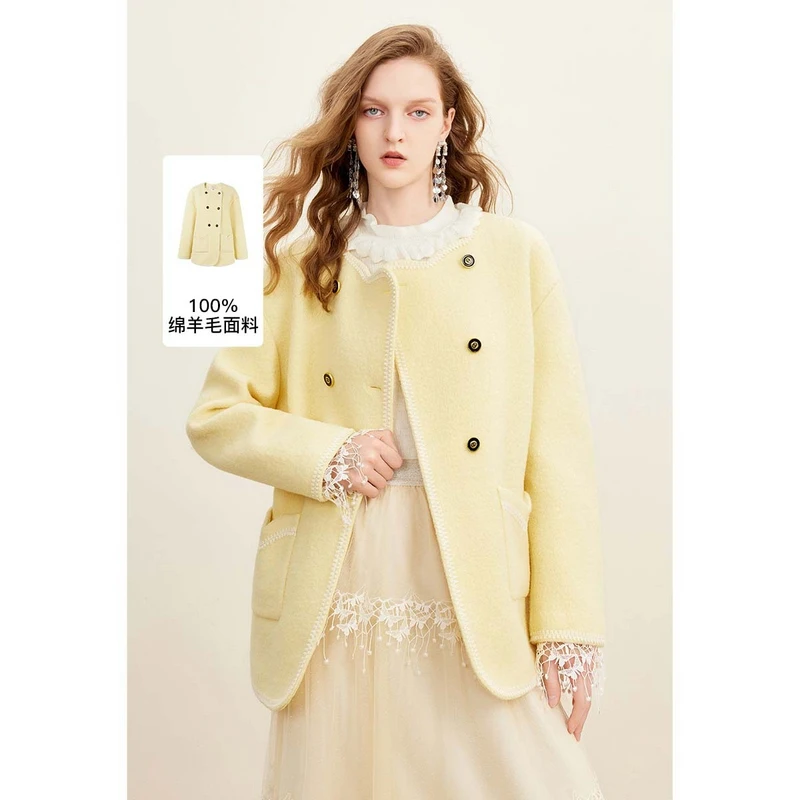 missCOCOON宽松中长款上衣冬装新款女复古撞色织带毛呢外套