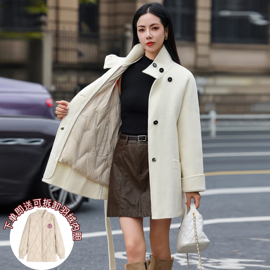 高端双面羊毛绒大衣羽绒服女2025新款秋冬季内胆可拆卸白鸭绒外套