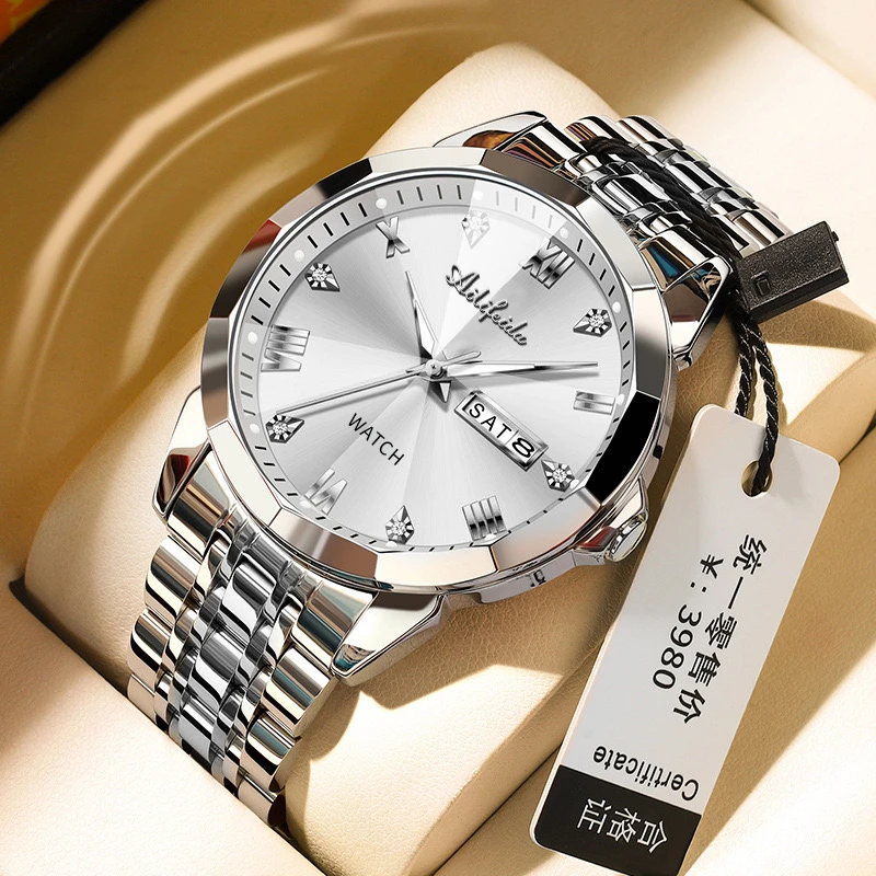 【云仓直发】王牌指挥官钢白男士手表大气防水日历男款腕表-Z