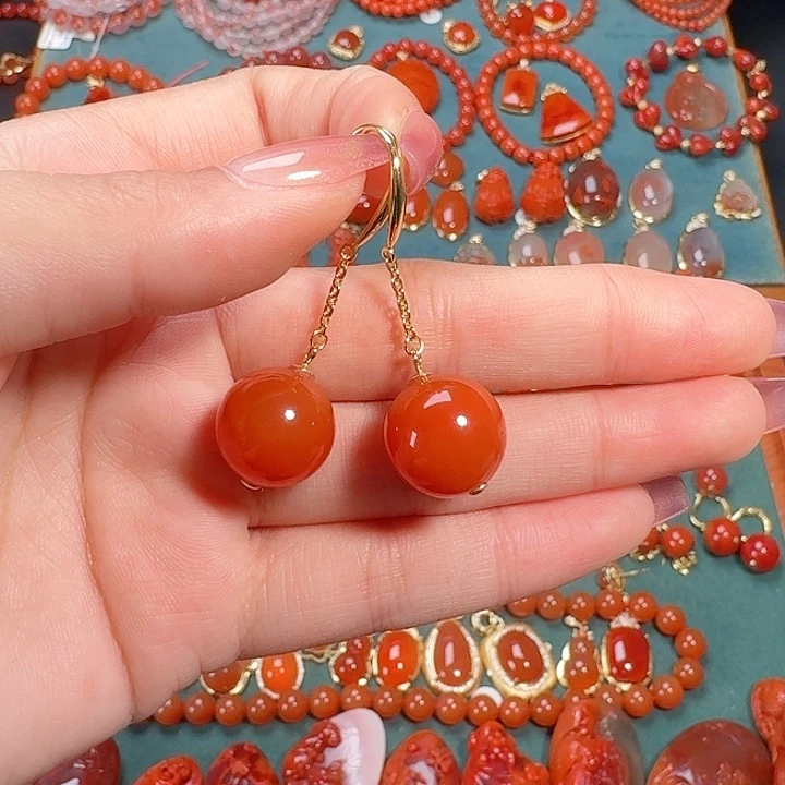 南红玛瑙银S925镶嵌耳饰14+