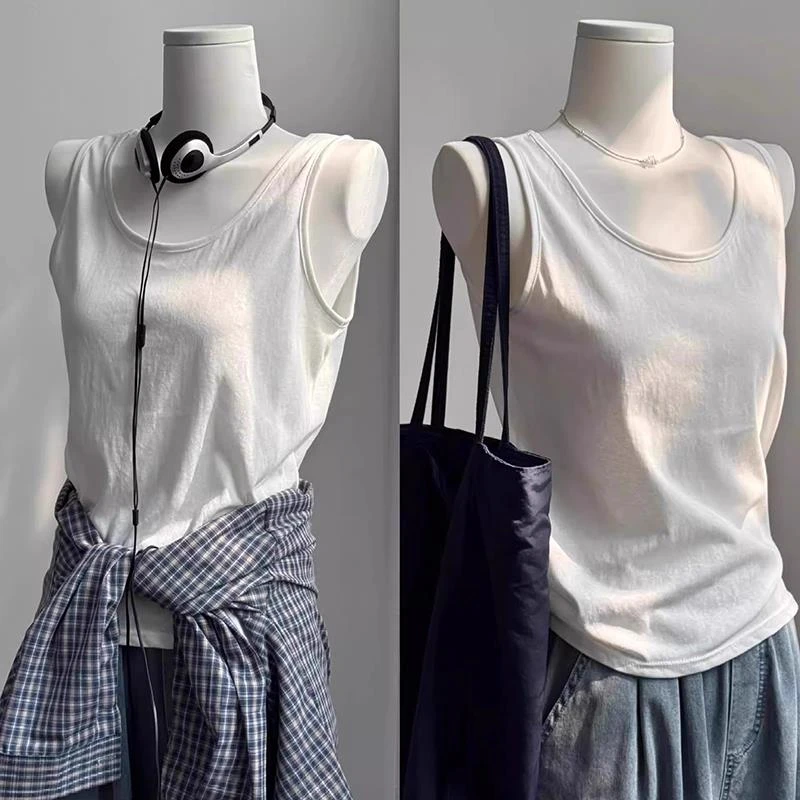 竹节棉白色背心吊带女款夏季外穿2025新款显瘦内搭打底上衣u领T恤