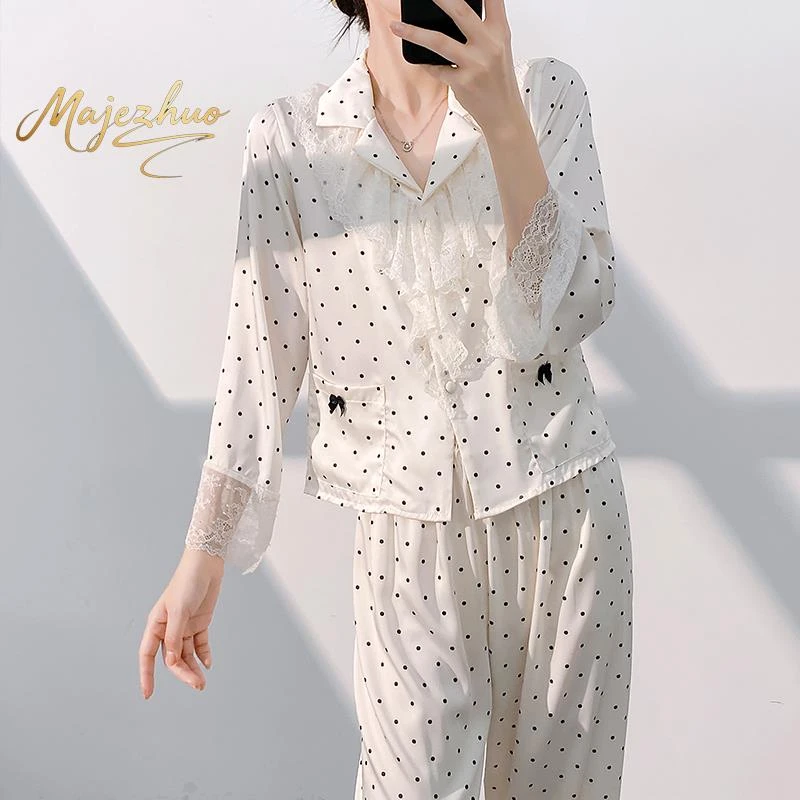 睡衣女春秋季新款真丝波点高级感长袖宫廷风减龄小香风少女居家服