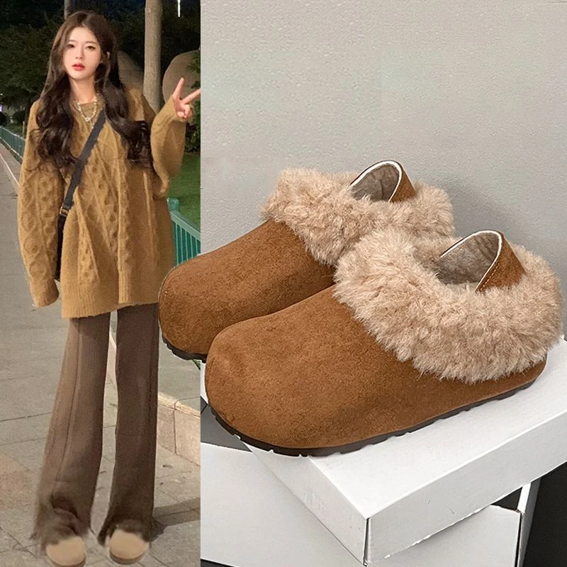 厚底加绒勃肯鞋毛毛鞋女2025新款秋冬一脚蹬保暖雪地靴豆豆棉鞋子