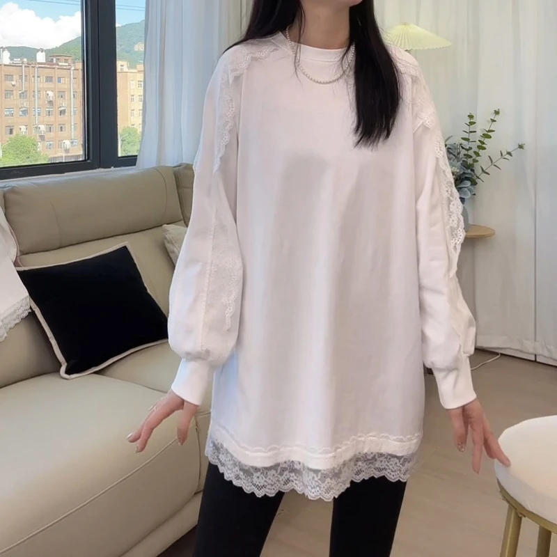 秋款时尚百搭白色休闲宽松袖子蕾丝卫衣LK2506857
