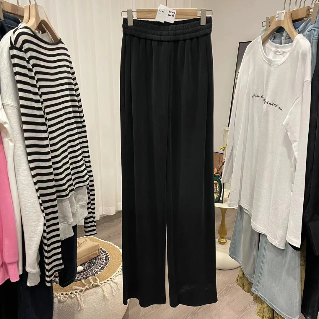 5001新款简约松紧腰冰丝垂感直筒裤休闲裤显瘦长裤阔腿裤女