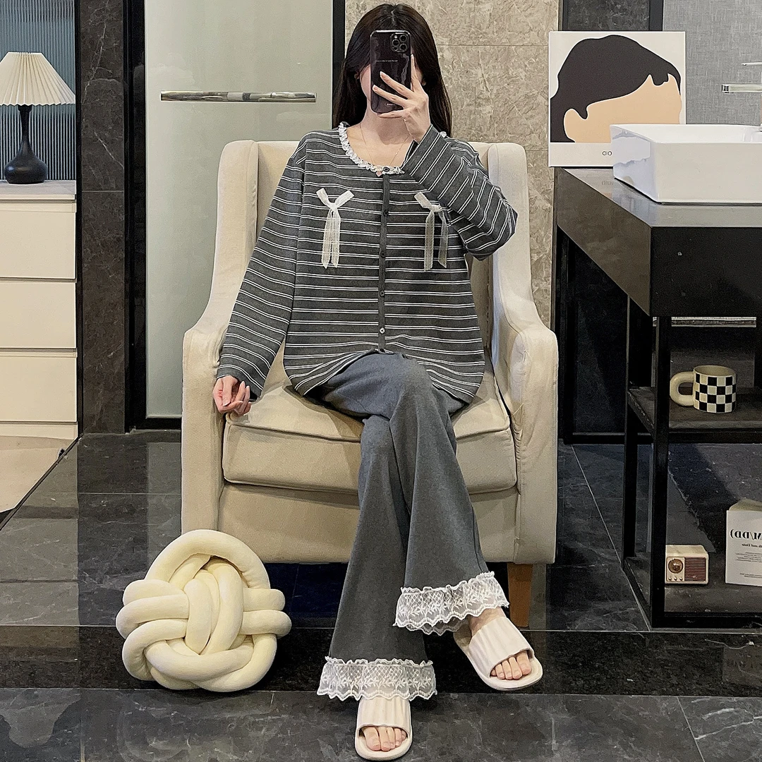 睡衣女春秋季纯棉长袖大码2025年新款深灰色条纹蝴蝶结套装家居服