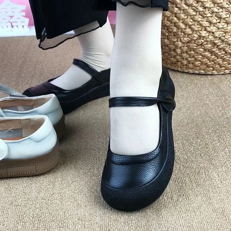 夏季新款浅口橡胶底舒适圆头魔术贴设计百搭透气简约牛皮轻便女鞋