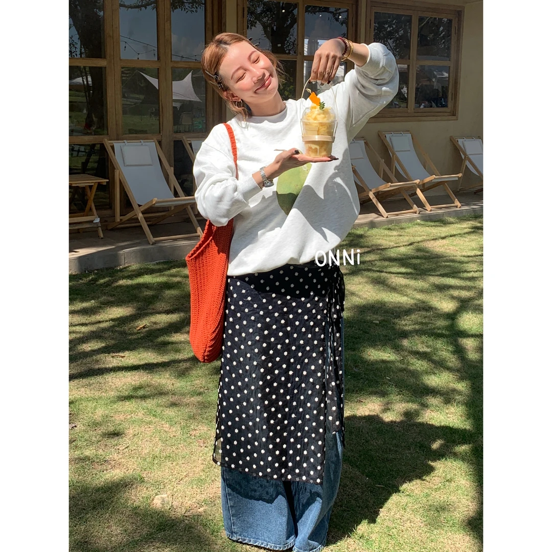 ONNI系带屁帘蕾丝半身裙女新款围裙网纱遮臀叠穿碎花开叉裙子#268