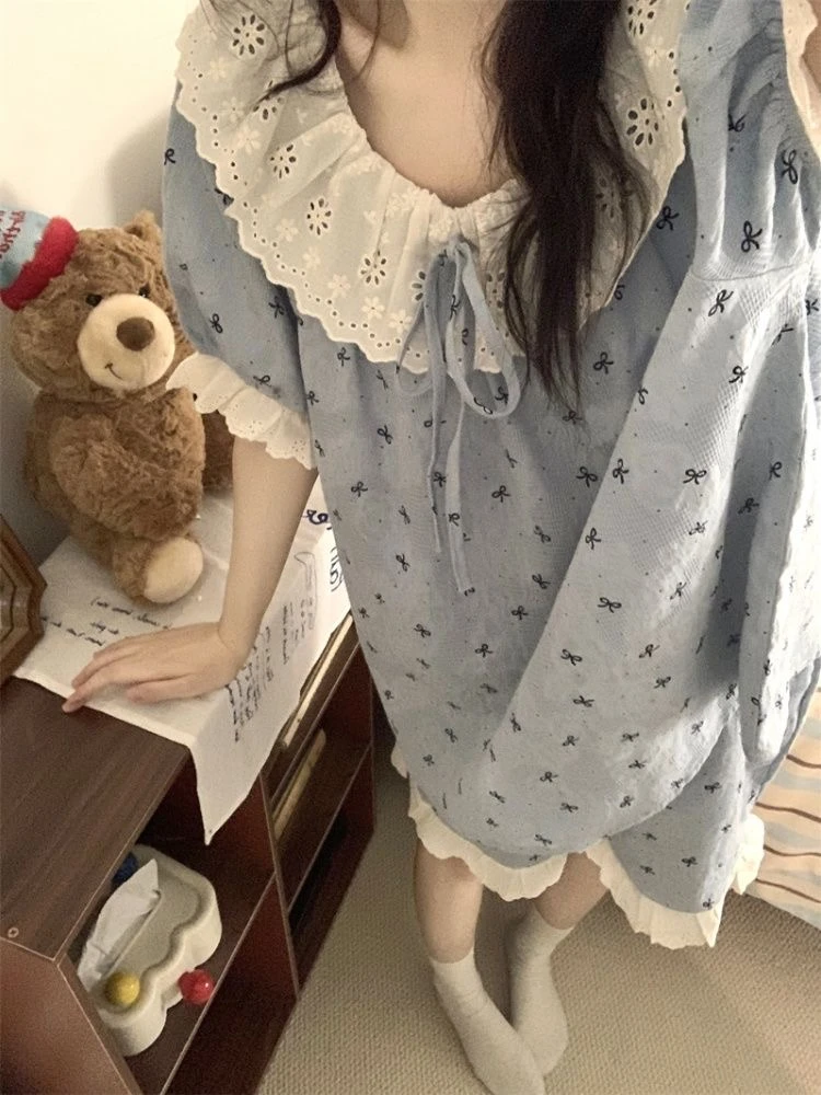 少女甜美可爱蕾丝花边公主风睡衣女夏季新款蝴蝶结可外穿家居服
