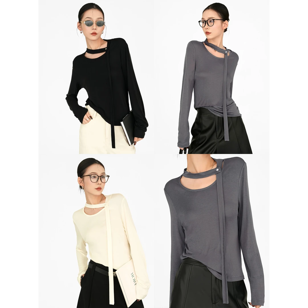 尼采官方直营｜长袖版飘带T｜桑蚕丝x莱赛尔垂顺显瘦超百搭T恤50235