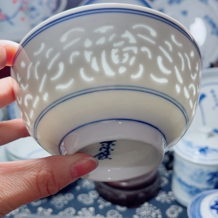 青花玲珑5寸饭碗满雕双福双线
